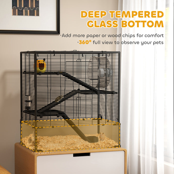 4 Tier Hamster Cage with Deep Glass Base Hut Wheel Food Dish and Water Bottle by PawHut