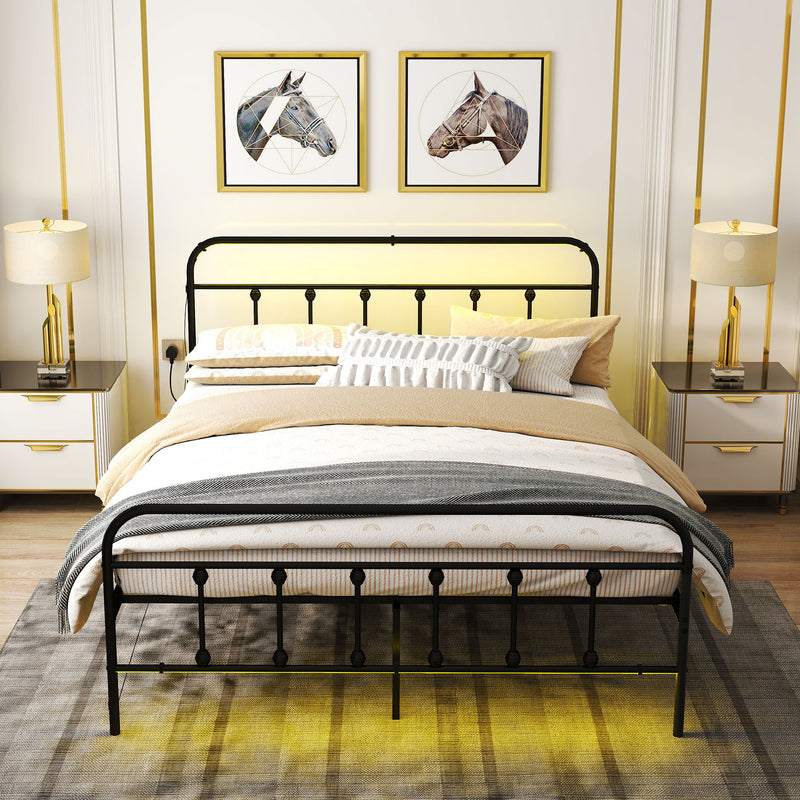 King Size Metal Bed Frame with LED Lights Charging Station and Under Bed Storage Black