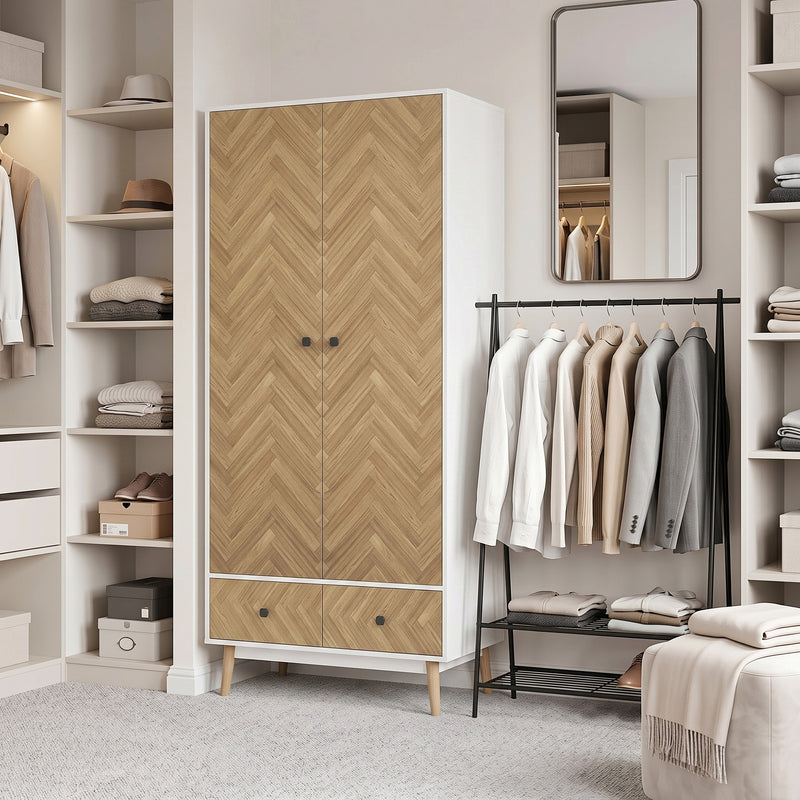 Wardrobe with Hanging Rail and Drawers for Organised Bedroom Storage White and Natural Wood