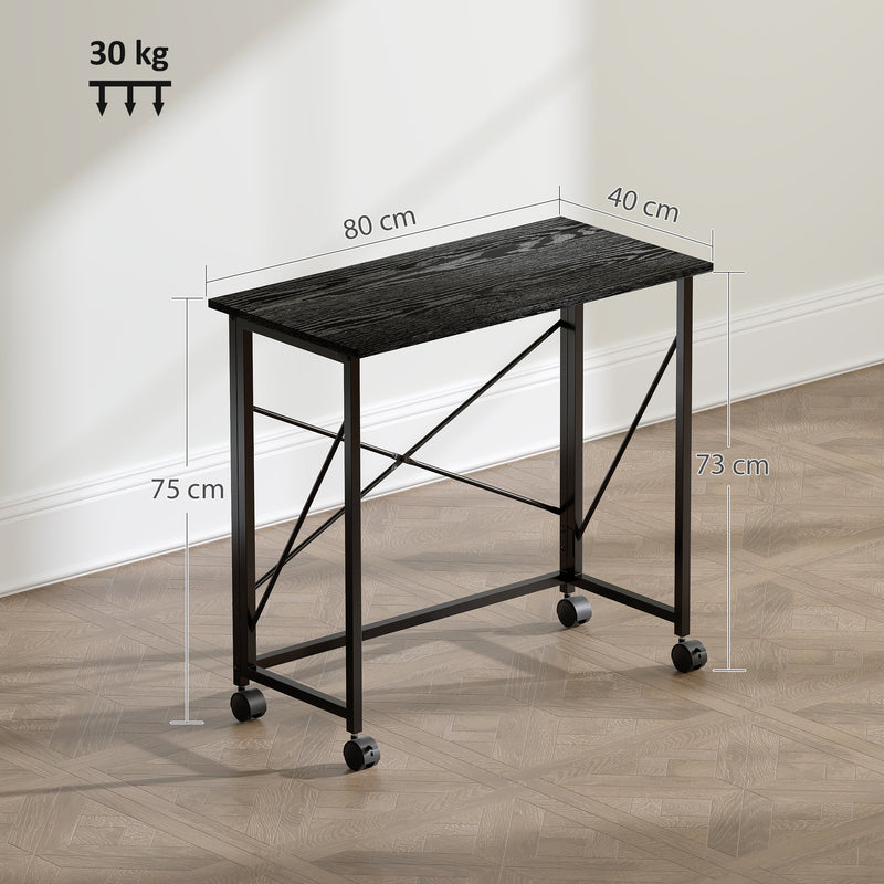 Black 80cm Folding Desk on Wheels for Home Office or Study Space Saving Design