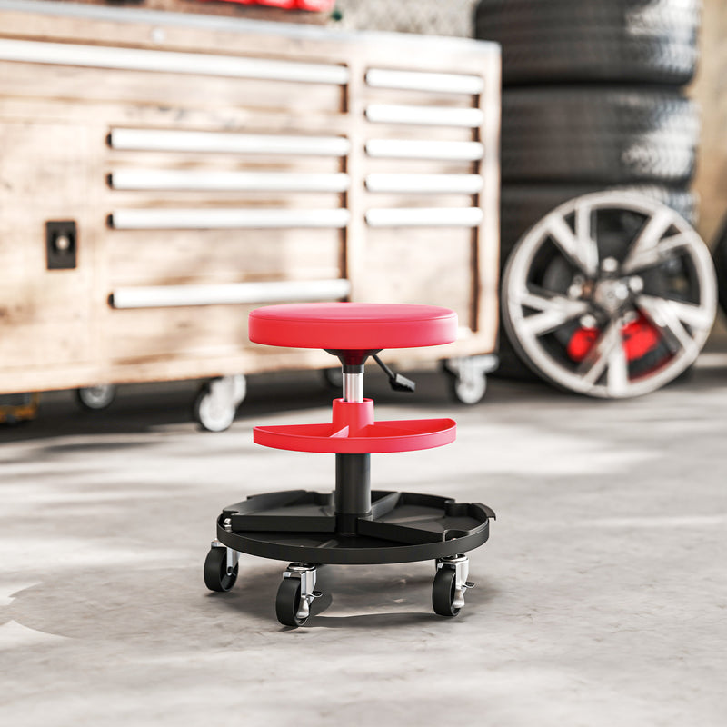 Mechanic Roller Stool with Adjustable Height and Tool Trays for Garage or Workshop Red AOSOM