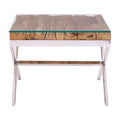 Square sal wood end table with clear glass top and silver stainless steel cross base, angled studio view
