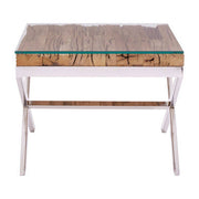 Square sal wood end table with clear glass top and silver stainless steel cross base, angled studio view