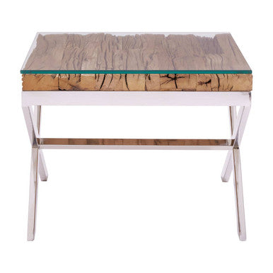 Square sal wood end table with clear glass top and silver stainless steel cross base, angled studio view