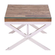 Front view of the square wooden end table showing the glass-capped top and cross base