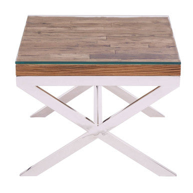 Front view of the square wooden end table showing the glass-capped top and cross base
