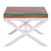 Side profile of the sal wood end table showing the 46cm height and steel cross pedestal