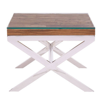 Side profile of the sal wood end table showing the 46cm height and steel cross pedestal
