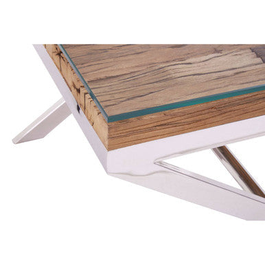 Close-up of the natural sal wood grain visible through the clear glass tabletop
