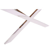 Close-up of the polished stainless steel cross base joint on the end table