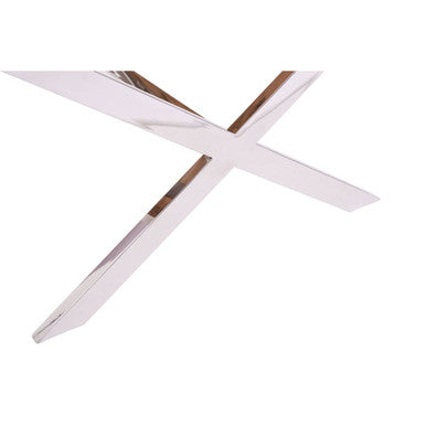 Close-up of the polished stainless steel cross base joint on the end table