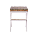 Natural sal wood and clear glass top side table with white cross base, angled studio view