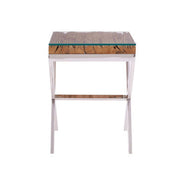 Natural sal wood and clear glass top side table with white cross base, angled studio view