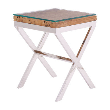 46cm square side table with sal wood top and white steel cross base on a plain background