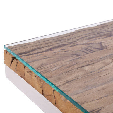 Close-up of the clear glass laid over the natural sal wood tabletop