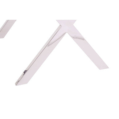Close-up of the white painted steel cross base and its wide footprint