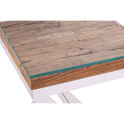 Macro detail of the join between the white metal frame and the wooden top