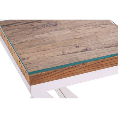 Macro detail of the join between the white metal frame and the wooden top