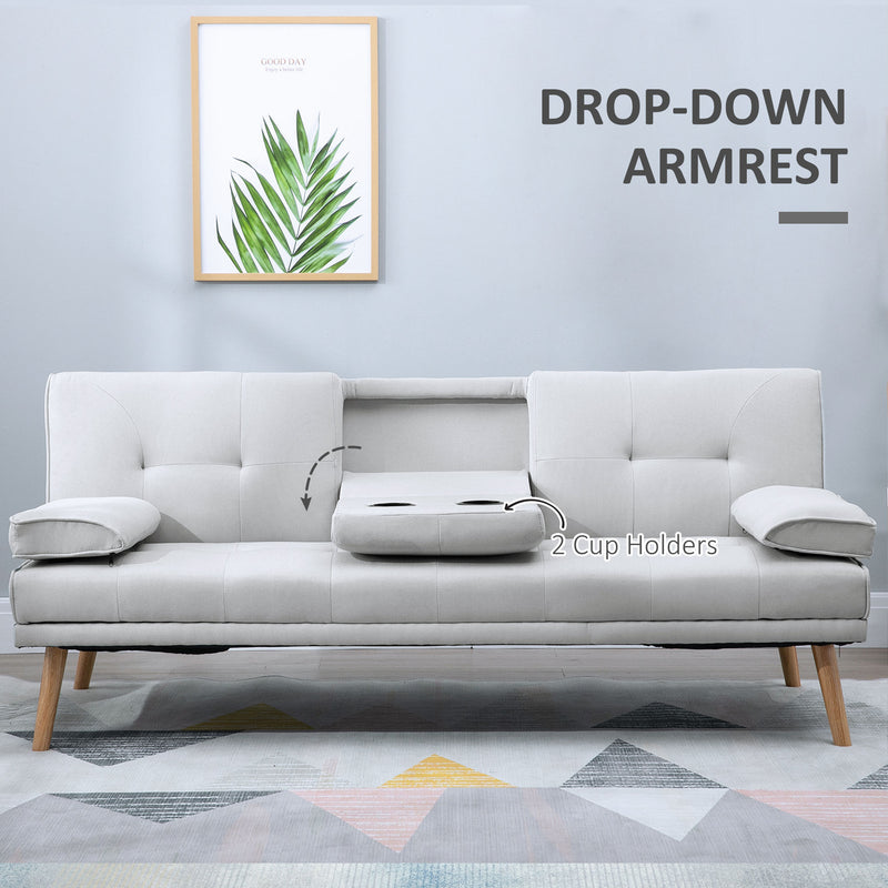 3 Seater Fabric Sofa Bed with Cup Holders Converts to Futon for Guests Grey