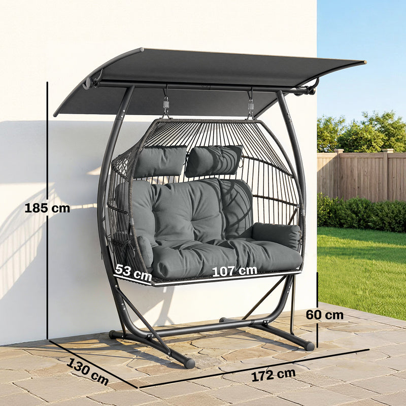 Double Hanging Egg Chair with Canopy & Cushions for Outdoor Relaxation - Patio or Garden Use - Grey