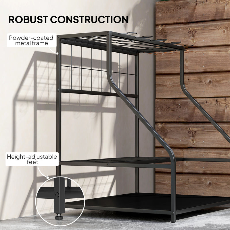 Garden Tool Storage Rack for Sheds and Garages with Hooks and Adjustable Feet Black