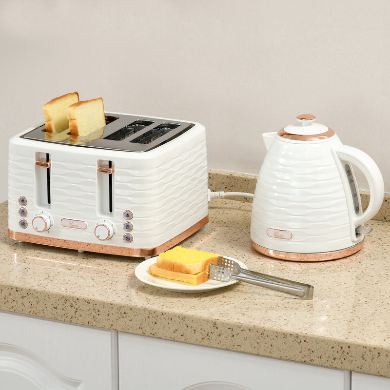 4 Slice Toaster and 1.7L Rapid Boil Kettle Set with Defrost and Reheat Functions Cream White