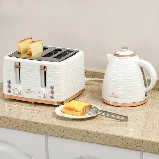 4 Slice Toaster and 1.7L Rapid Boil Kettle Set with Defrost and Reheat Functions Cream White