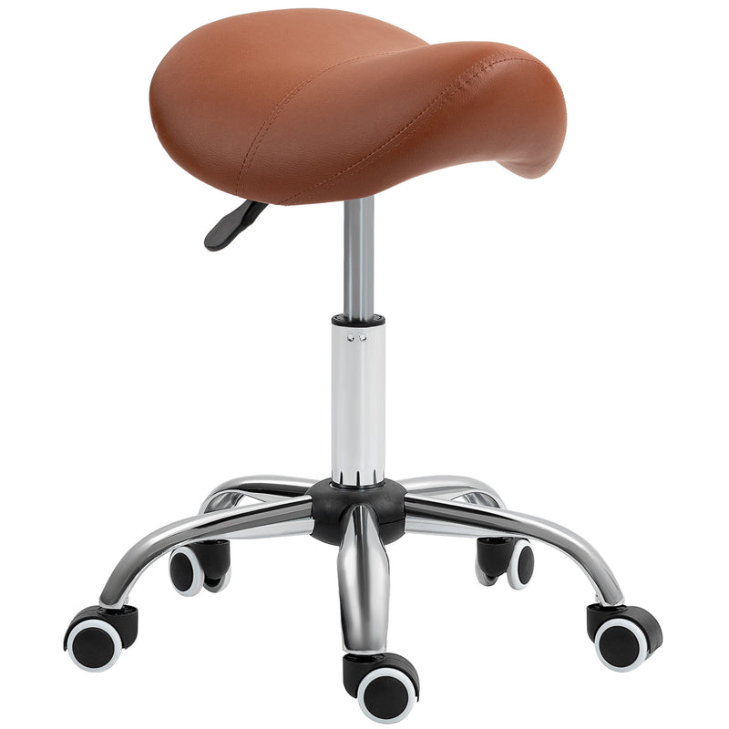 Height Adjustable Saddle Stool for Salon or Spa Use with Faux Leather Seat Brown