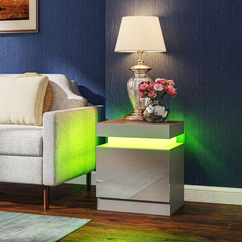 Bedside Table with Adjustable LED Lighting and Two Drawers for Organised Bedroom Storage Grey