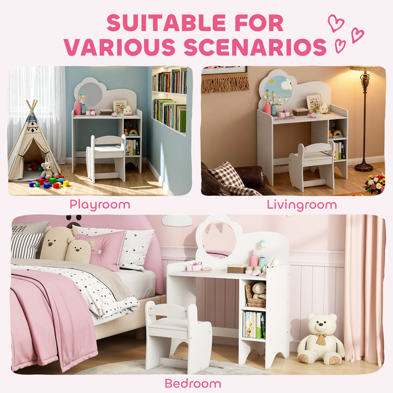 Kids Dressing Table With Mirror and Storage Shelves Includes Stool For Ages 3 to 8 White AOSOM