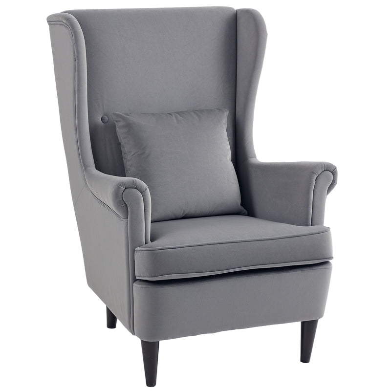 Dark Grey Velvet Accent Chair with High Back and Cushion for Living Room or Bedroom