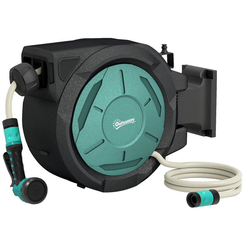 Wall Mounted Retractable Garden Hose Reel With Auto Rewind And Spray Nozzle Black Outsunny
