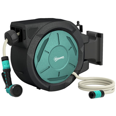 Wall Mounted Retractable Garden Hose Reel With Auto Rewind And Spray Nozzle Black Outsunny