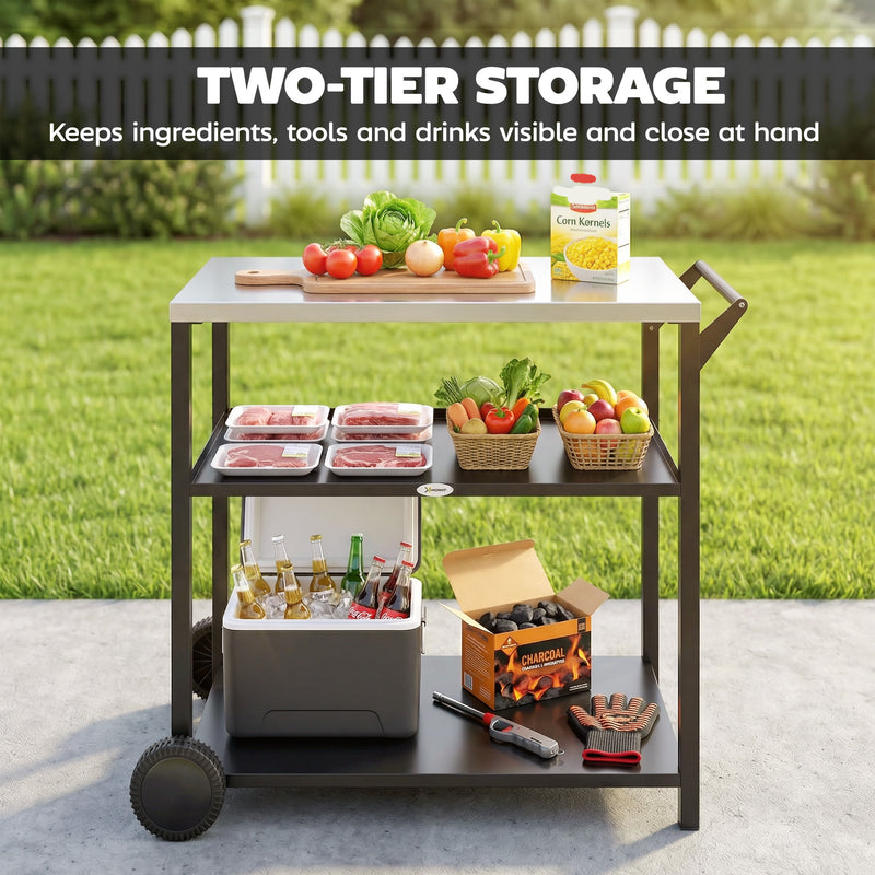 Outdoor BBQ Prep Table with Stainless Steel Top and Shelves for Easy Garden Cooking Black