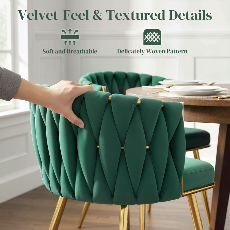 Set of 2 Velvet Dining Chairs with Armrests and Woven Backrest for Home Comfort Dark Green Homcom
