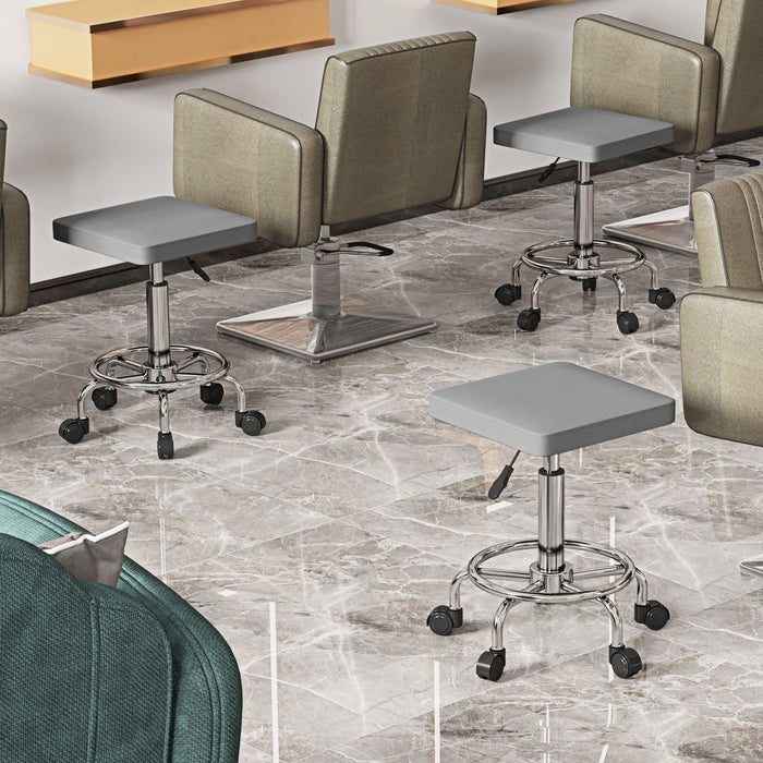Grey Adjustable PU Leather Rolling Stool with Swivel and Wheels by HOMCOM