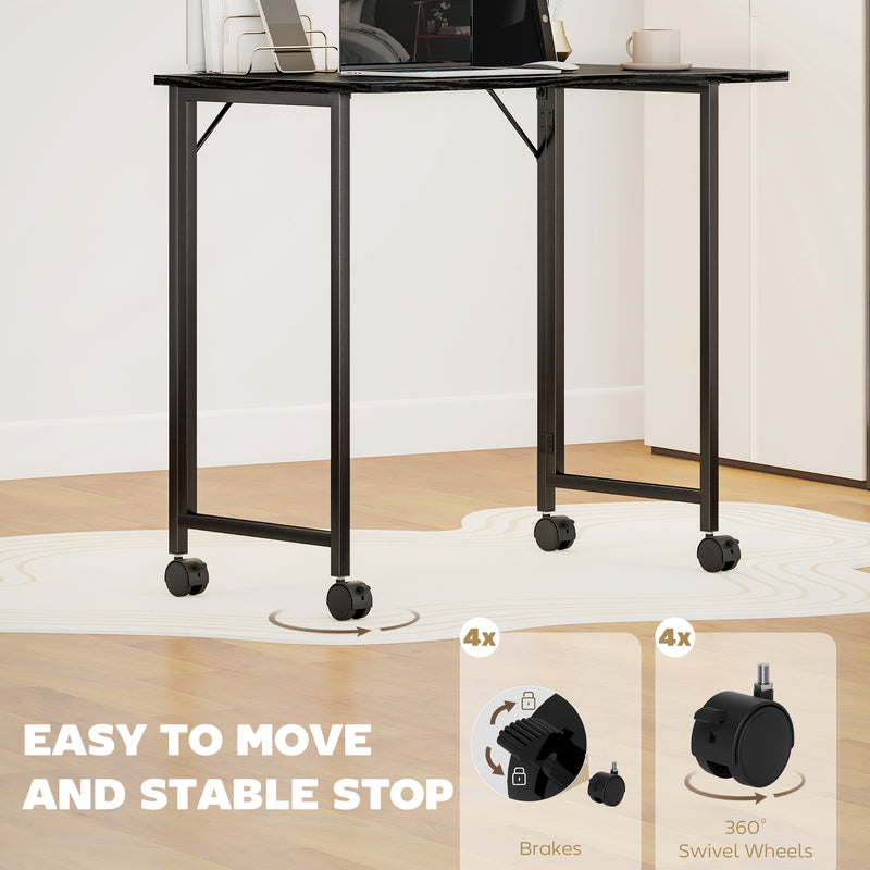 Compact Folding Desk on Wheels with Storage Shelf for Home Office or Study Black AOSOM