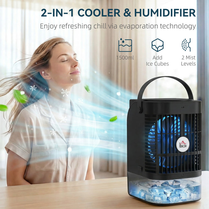 Portable Air Conditioner and Fan with Humidifier and LED Light for Bedrooms or Offices Black AOSOM