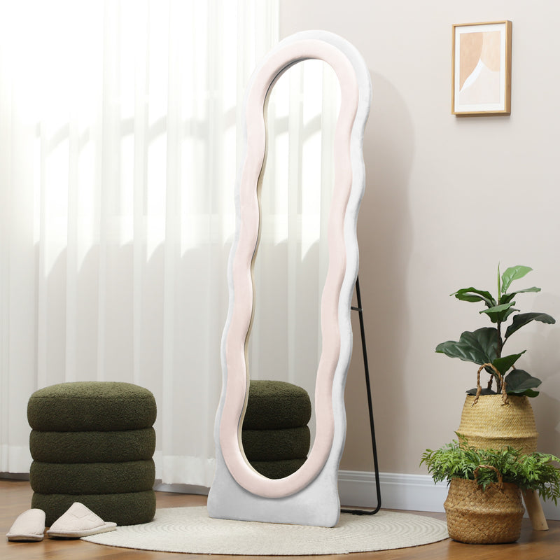 Pink Wavy Velvet Feel Full Length Mirror Stylish Bedroom Decor by HOMCOM