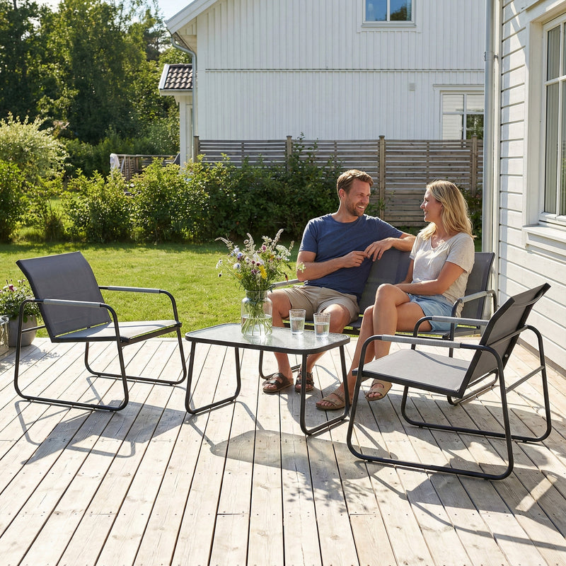 4 Piece Garden Furniture Set with Breathable Mesh Seats and Glass Table. Grey/Black