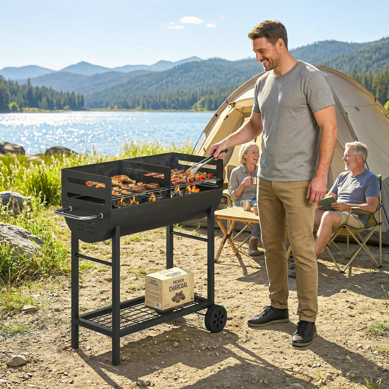 Half Drum Charcoal BBQ Grill Trolley with 2 Cooking Zones for Easy Family Barbecues Black Outsunny