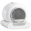White and grey self-cleaning cat litter box with rotating drum and control panel on a white background