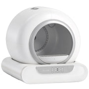 White and grey self-cleaning cat litter box with rotating drum and control panel on a white background