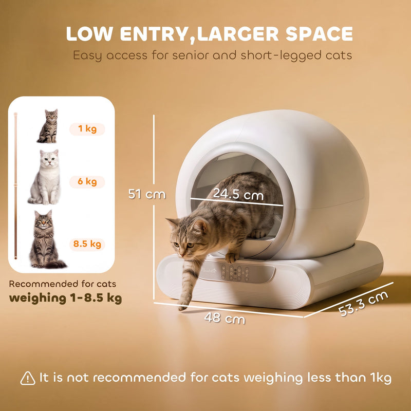 Dimensions graphic showing 51 cm height, 48 cm width, 53.3 cm length, 24.5 cm entrance and cat weight guide