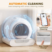 Automatic cleaning graphic showing the rotating drum, a phone app schedule and the one-touch change button