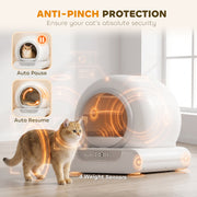 Anti-pinch graphic showing auto pause, auto resume and 4 weight sensors with a cat nearby