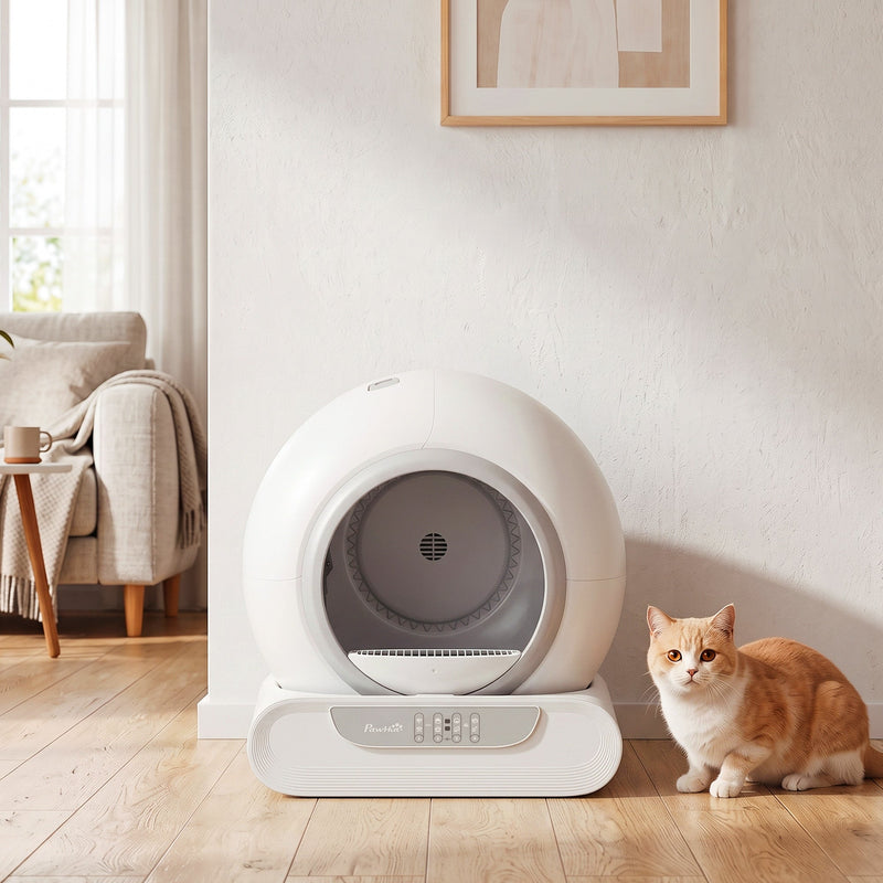 Litter box in a living room with an orange cat sitting beside it