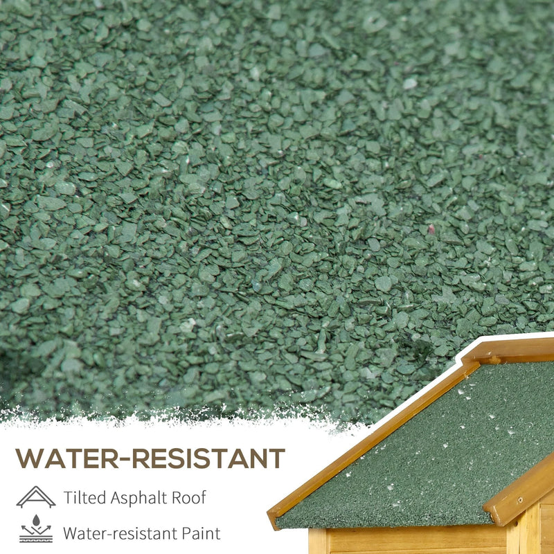 Close-up of the tilted green asphalt felt roof and water-resistant painted timber