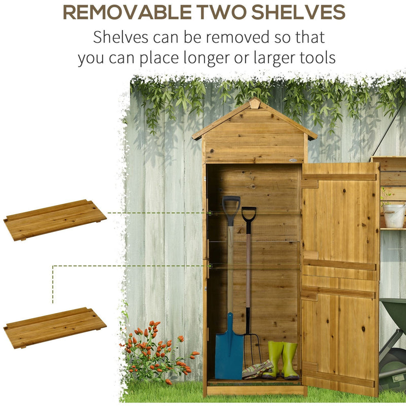 Panel showing the two shelves lifting out to leave full height for long-handled tools