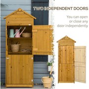 Panel showing the upper and lower doors of the wooden tool shed opening independently